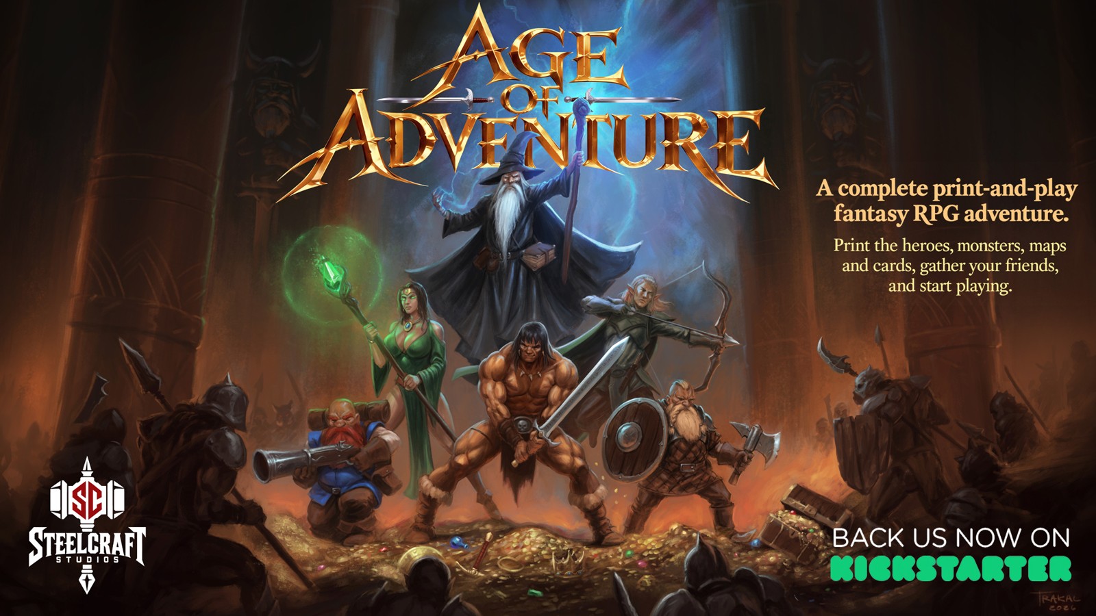 Age of Adventure campaign artwork: illustrated heroes face a dark-robed sorcerer.