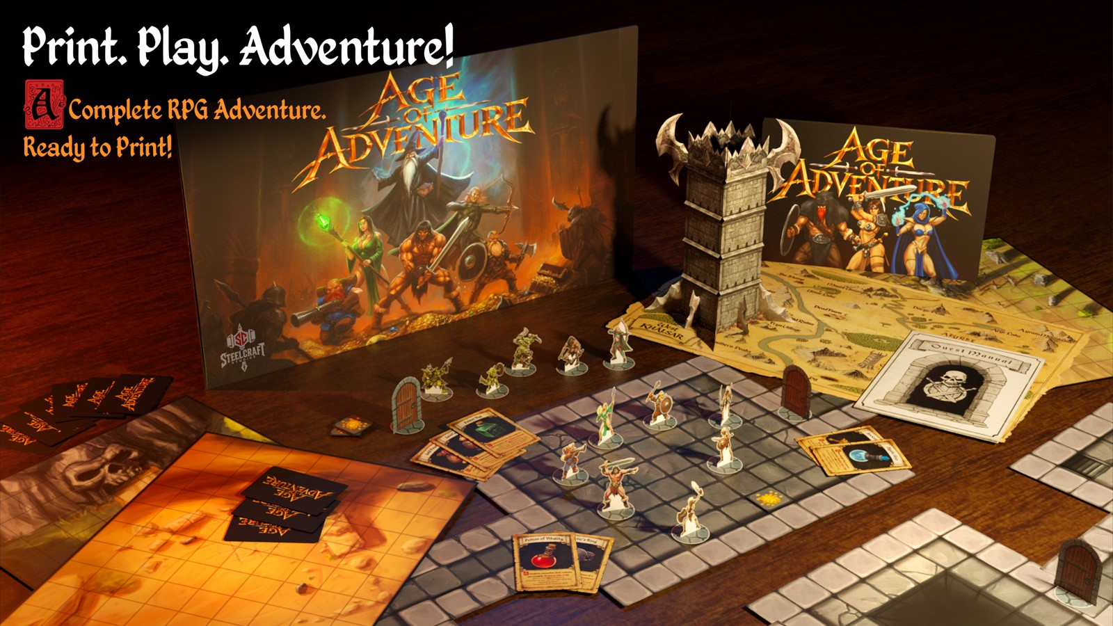 The Age of Adventure tabletop collection with maps, miniatures, item cards and a pop-up tower.