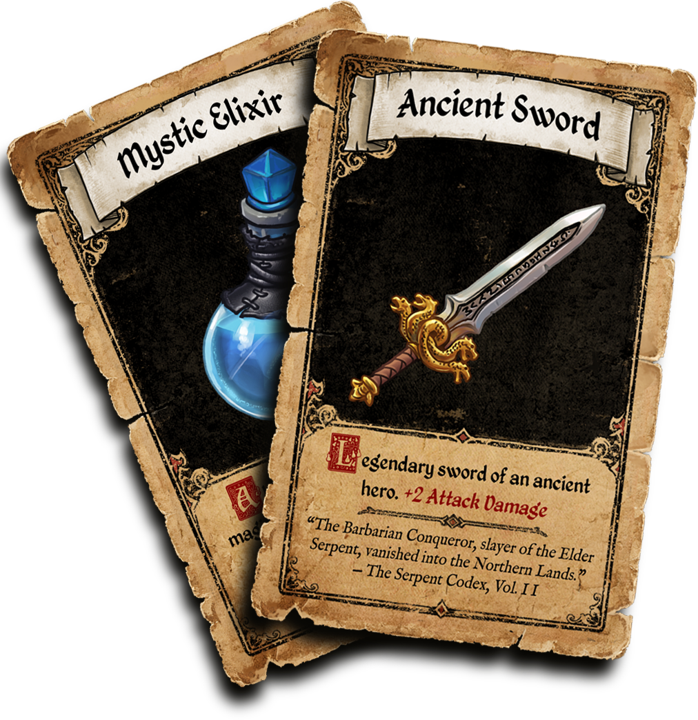 Illustrated Magic Shield and Ancient Sword item cards